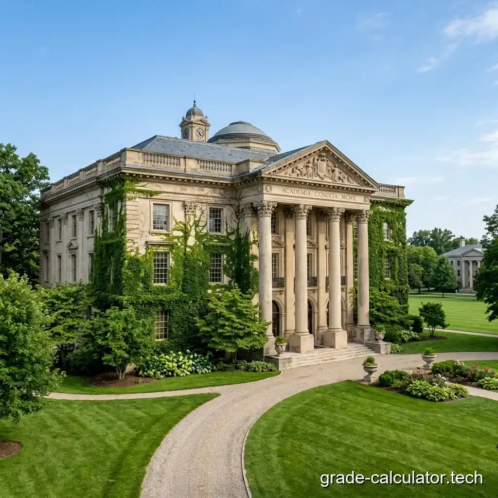 A beautiful Ivy League university campus with brick buildings and green lawns.